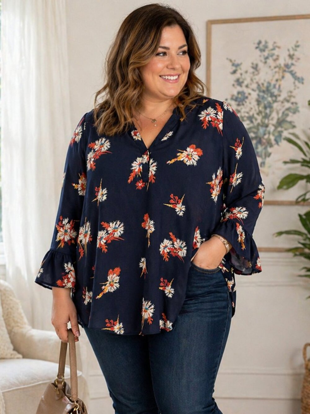 Violet & Claire 2X Boho Floral Tunic Blouse NWT Bell Sleeve Flowy
